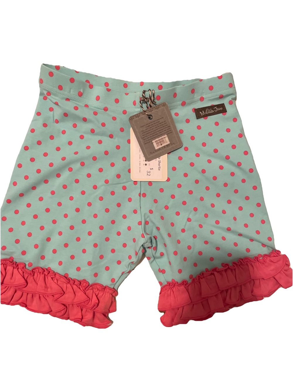 Matilda Jane Mint Shorts with Pink Polka Dots & Pink Ruffle Hem